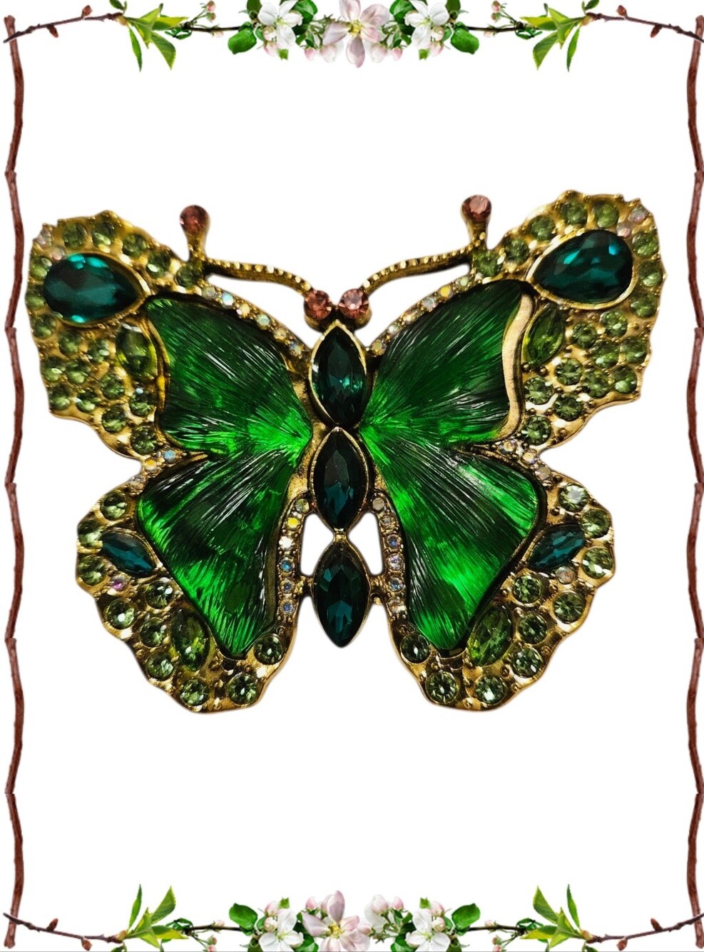 Emerald Green & Gold Tone Butterfly Brooch